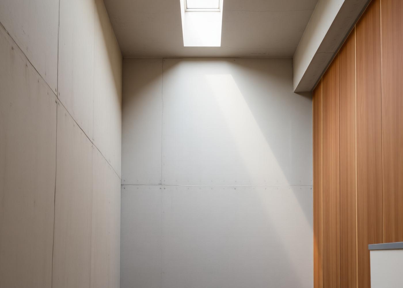Interior detail: exposed concrete wall lit by a skylight beside a warm timber panel
